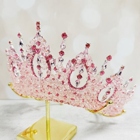 Wedding Crown, Pink Crystal Crown, Bridal Jewelry, Silver Bridal Headpiece